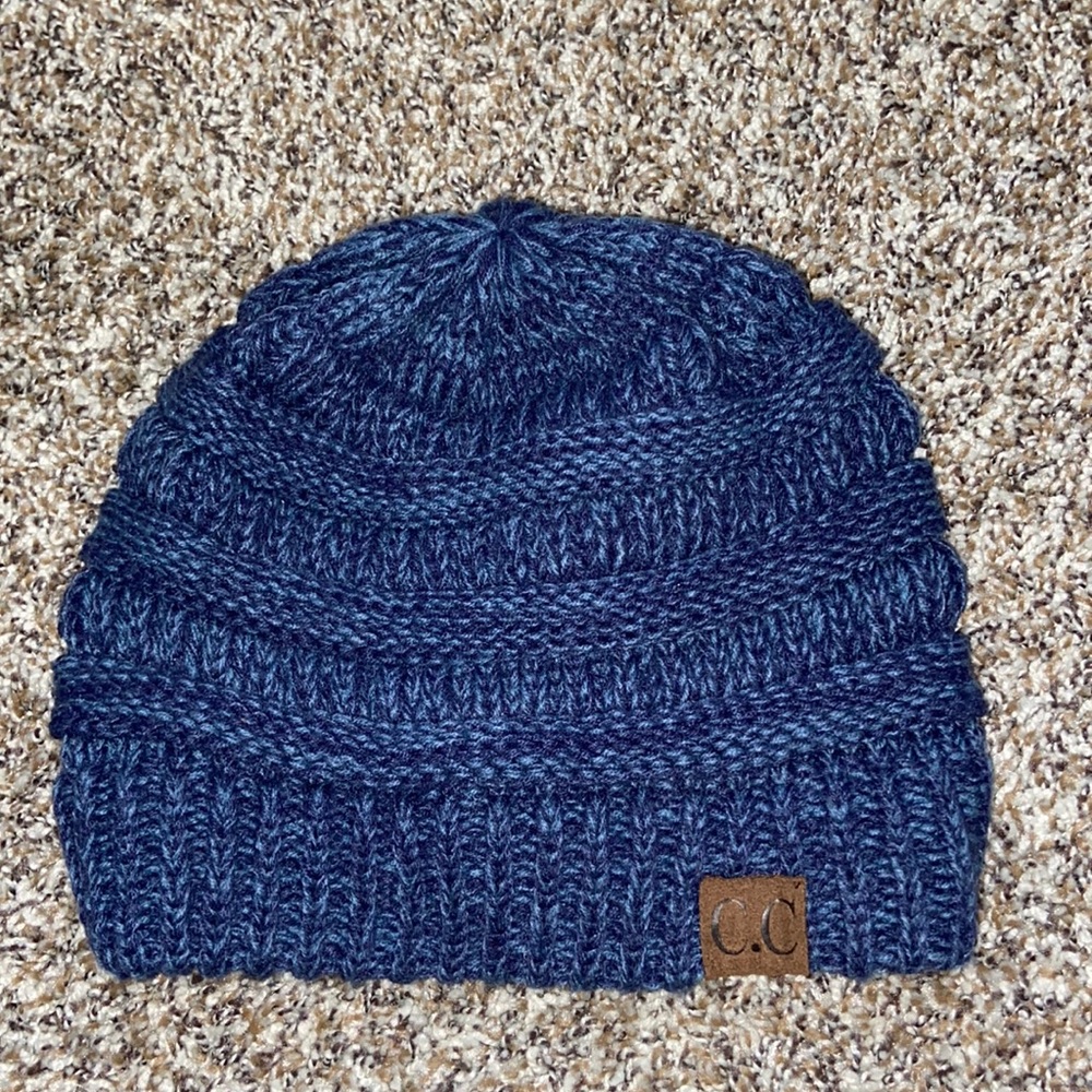 C.C Navy Ribbed Knit Beanie with Leather Logo Tag
